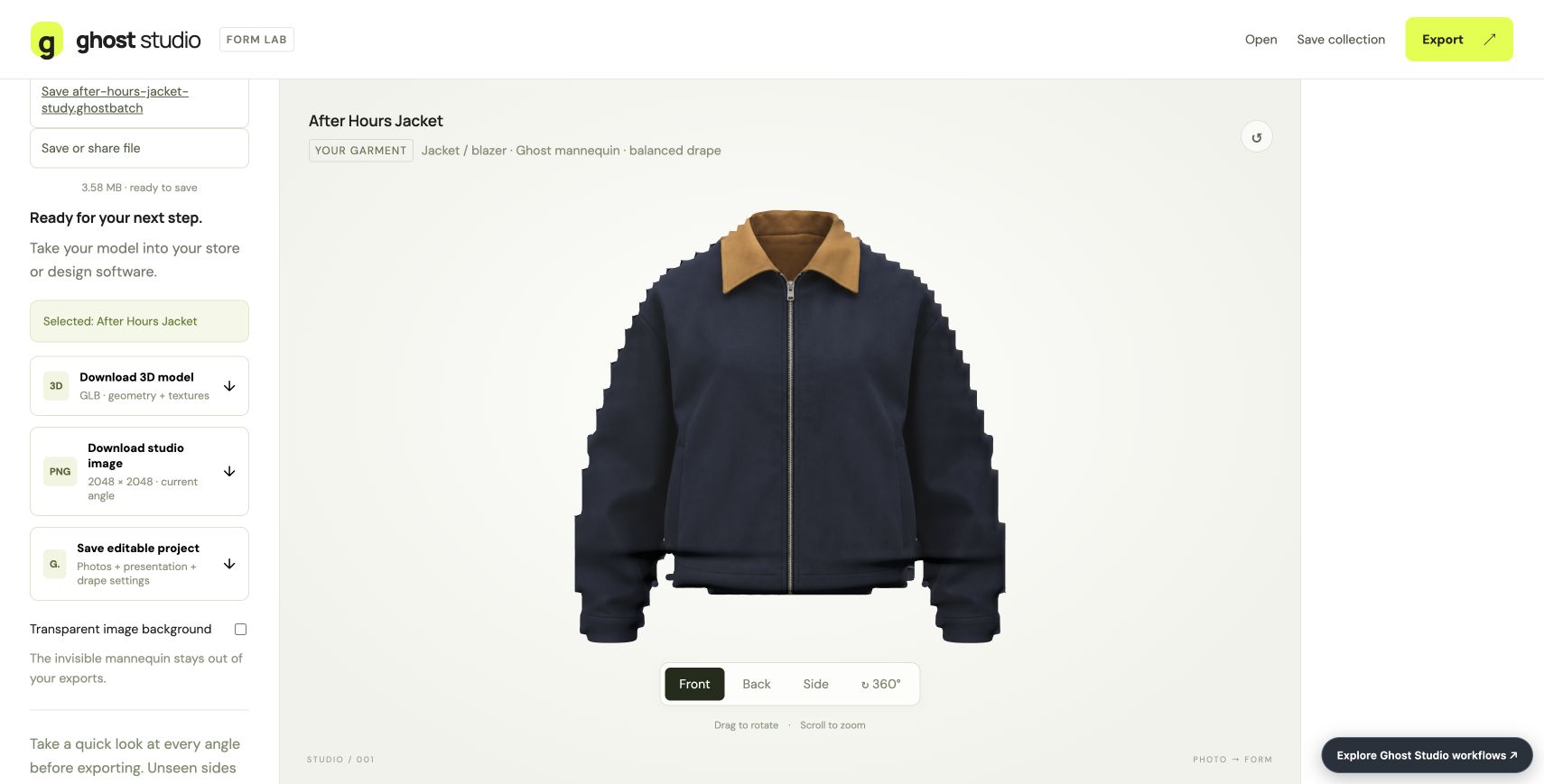 Ghost Studio: Keep the model and its source. The selected jacket exported to a textured GLB. The editable collection also retains the two original reference images and relaxed settings.